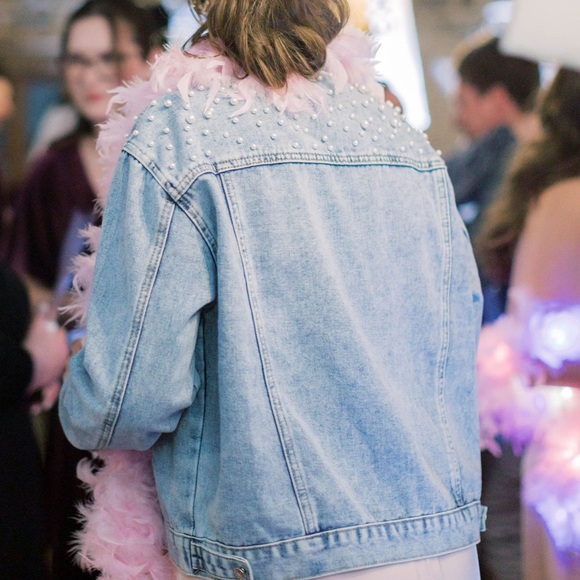 Denim Collared Pearl Studded Jacket with Buttons and Pockets - Picture 7 of 8